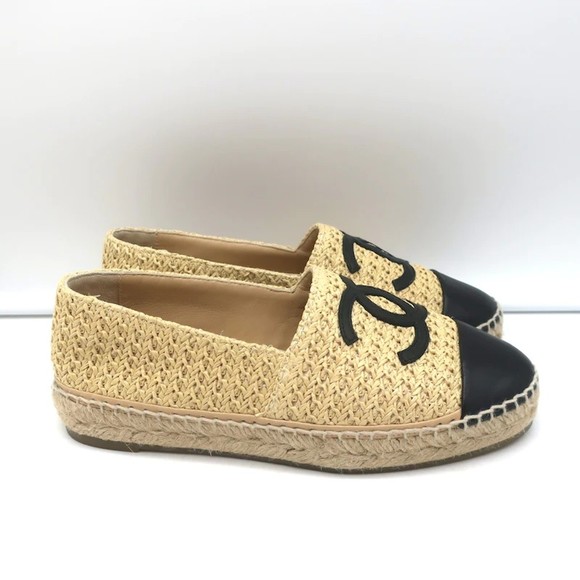 Chanel 22P CC Cap Toe Espadrilles Beige Braided Fabric & Black Leather Size 37 - Picture 3 of 11